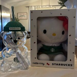 Starbucks Bearista Glass 20oz Tumbler and Hello Kitty Starbucks Plushie